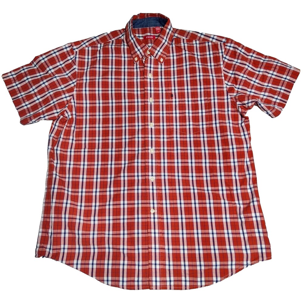 IZOD Men Large Orange Blue Plaid Cotton Button-Up Short Sleeve Shirt